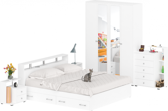 Камелия спальня № 11 Кровать с ящиками 1800 + Две тумбы + Комод + Шкаф 4-х створчатый, цвет белый, сп.м. 1800х2000 мм., б/м, основание есть