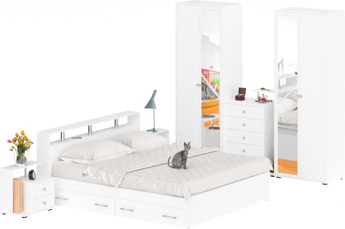 Камелия спальня № 11 Кровать с ящиками 1800 + Две тумбы + Комод + Шкаф 4-х створчатый, цвет белый, сп.м. 1800х2000 мм., б/м, основание есть