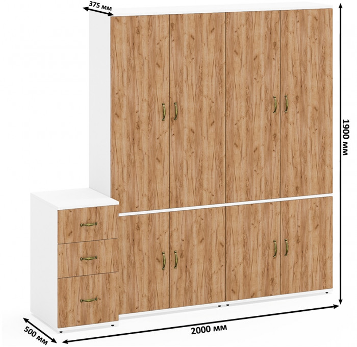 Лидер-8 Шкаф МД 20Б + Шкаф МД 20Б + Тумба МД 3.16, белый шагрень/крафт золото