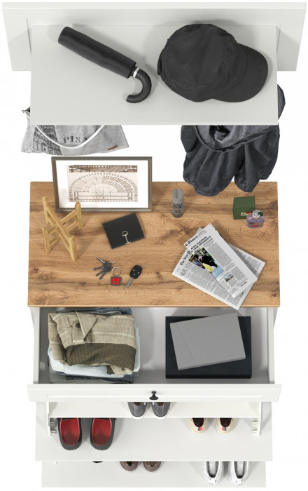 Остин 16.121 Тумба для обуви + 15.12 Вешалка, белый шагрень/дуб крафт золотой