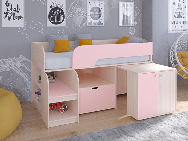 Кровать чердак Астра 9 V9 Дуб молочный/Розовый