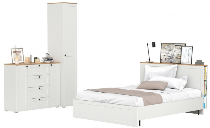 Остин 11.53 Кровать + ортопед + 13.225 Шкаф-пенал + 16.221 Комод, белый шагрень/дуб крафт золотой