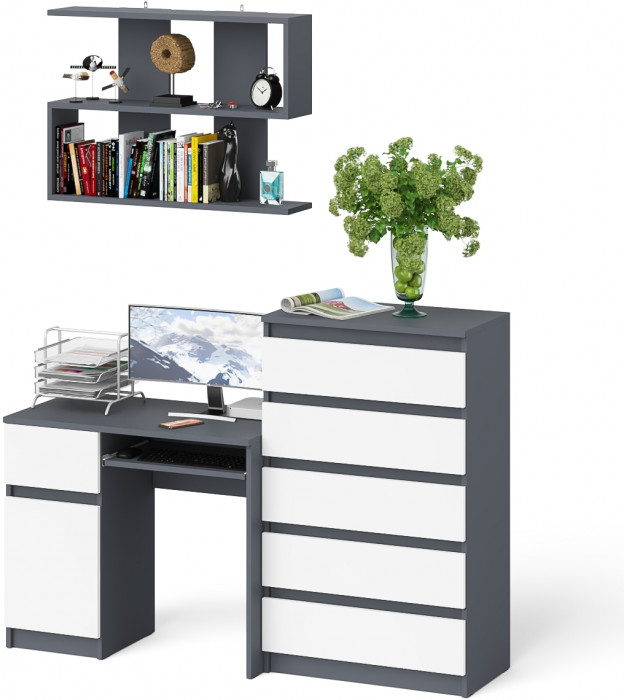 Мори Стол компьютерный МС-1 левый + Комод МК700.5 + Полка 900, цвет графит/белый, ШхГхВ 160,4х50х209,6 см., НЕ универсальная сборка