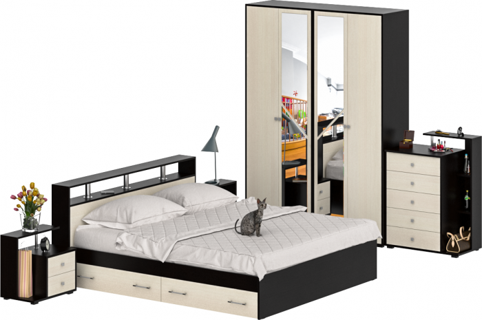 Камелия спальня № 11 Кровать с ящиками 1800 + Две тумбы + Комод + Шкаф 4-х створчатый, цвет венге/дуб лоредо, сп.м. 1800х2000 мм., б/м, основание есть