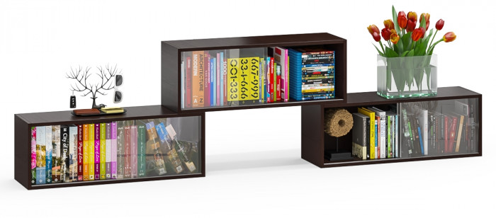 Три полки книжных С-МД-КН01, цвет венге, ШхГхВ размер каждой полки в отдельности: 83х25х30 см., стеклянные дверцы