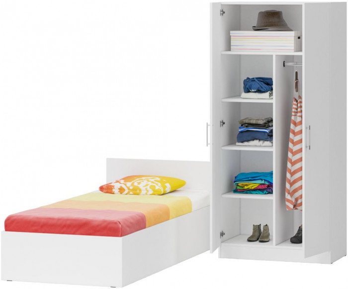 Кровать 0900 + Шкаф 2-х створчатый Стандарт, цвет белый, ШхГхВ 93,5х203,5х70 + 90х52х200 см., сп.м. 900х2000 мм., без матраса, основание есть