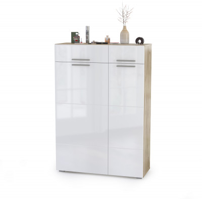 Лайн 13.121 Комод, цвет дуб крафт серый/фасады МДФ белый глянец, ШхГхВ 90х35х129,2 см., универсальная сборка