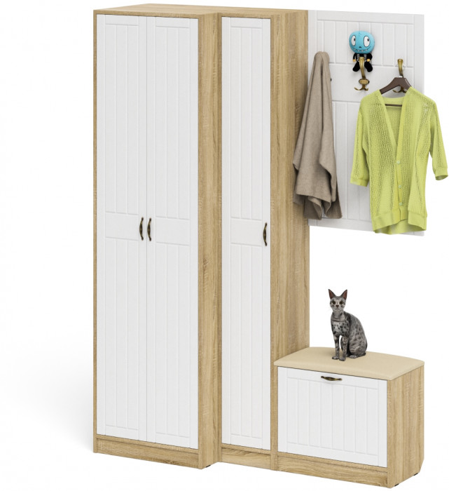 Прихожая П-6 Компоновка № 27, цвет дуб сонома/фасады МДФ белое дерево фрезеровка прованс, ШхГхВ 150х50х210 см., универсальная сборка