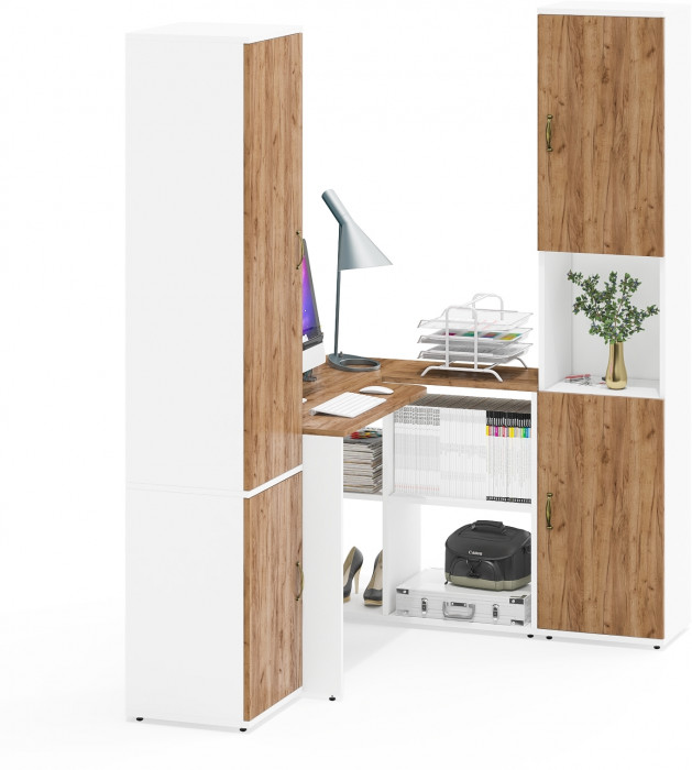 Лидер-8 Пенал МД 22Б + Стол + Пенал, белый шагрень/крафт золото