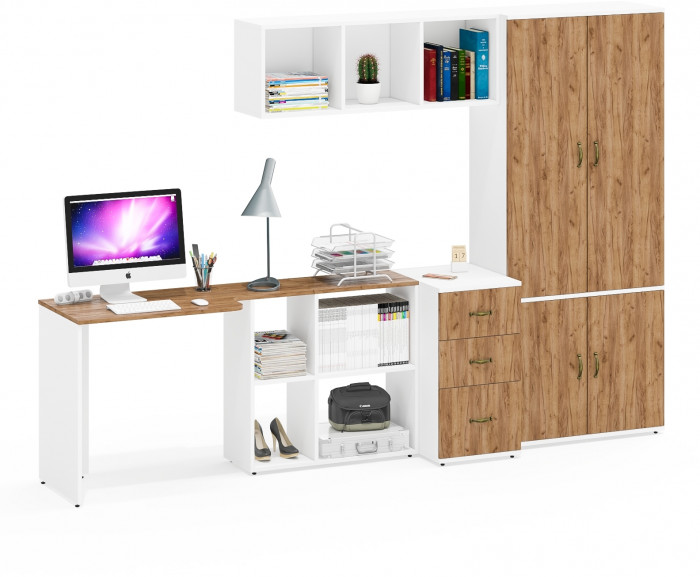 Лидер-8 Стол + Полка + Тумба МД 3.16 + Шкаф МД 20Б, цвет белый шагрень/крафт золото, ШхГхВ 285х50/37,5х75/190 или 115х200/50х75/190 см., НЕ ун. сб.