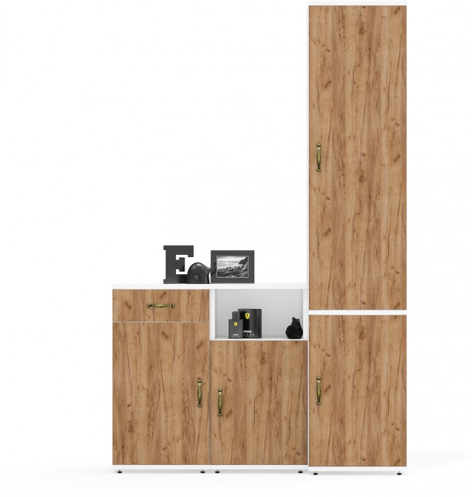 Лидер-8 Пенал МД 22Б + Тумба МД 3.15 + Тумба МД 3.19, цвет белый шагрень/крафт золото, ШхГхВ 120х37,5х190 см., универсальная сборка