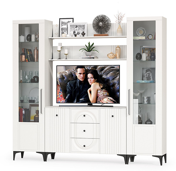 Валенсия Гостиная № 101, цвет ЛДСП белый шагрень/МДФ белый шагрень, ШхГхВ 243,2х38,4х225,2 см., ниша для ТВ 133х38х90 см.