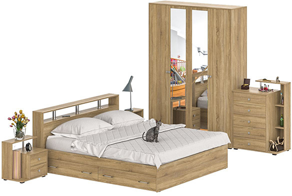 Камелия спальня № 11 Кровать с ящиками 1800 + Две тумбы + Комод + Шкаф 4-х створчатый, цвет дуб сонома, сп.м. 1800х2000 мм., б/м, основание есть
