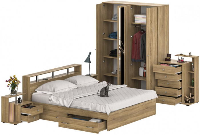 Камелия спальня № 11 Кровать с ящиками 1800 + Две тумбы + Комод + Шкаф 4-х створчатый, цвет дуб сонома, сп.м. 1800х2000 мм., б/м, основание есть