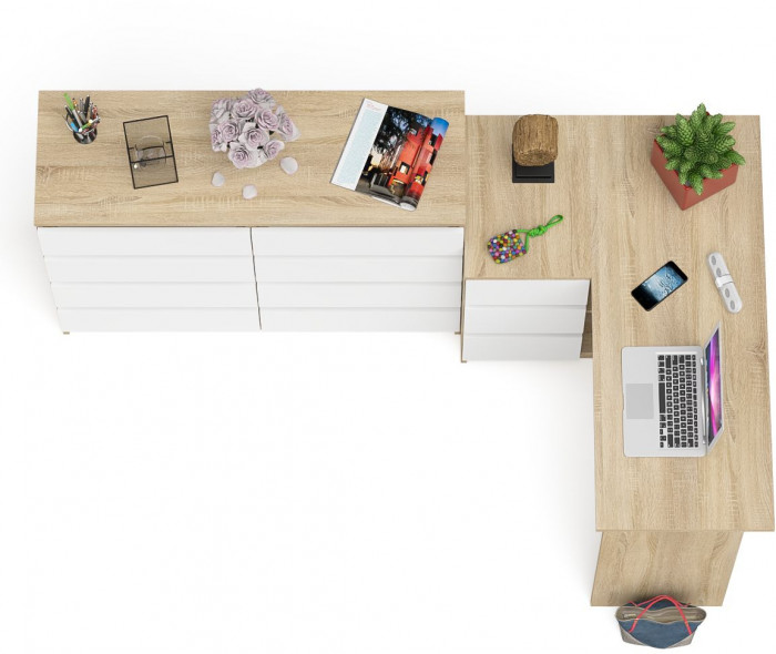 Мори компьютерный стол МС-16 левый + Комод МК1200.8, дуб сонома/белый