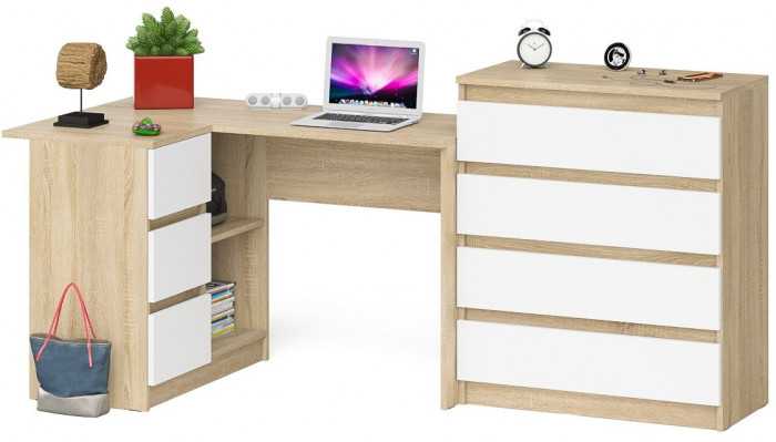 Мори Стол компьютерный МС-16 левый + Комод МК800.4, цвет дуб сонома/белый, ШхГхВ 204,8х84,9х94 см., выдвижные ящики слев, НЕ универсальная сборкаа