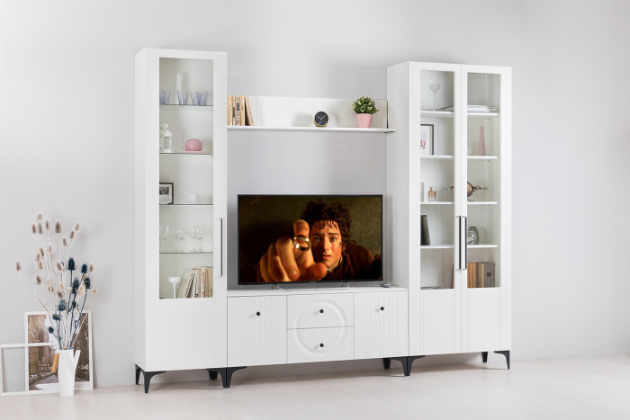 Валенсия Гостиная № 060, ЛДСП белый шагрень/МДФ белый шагрень