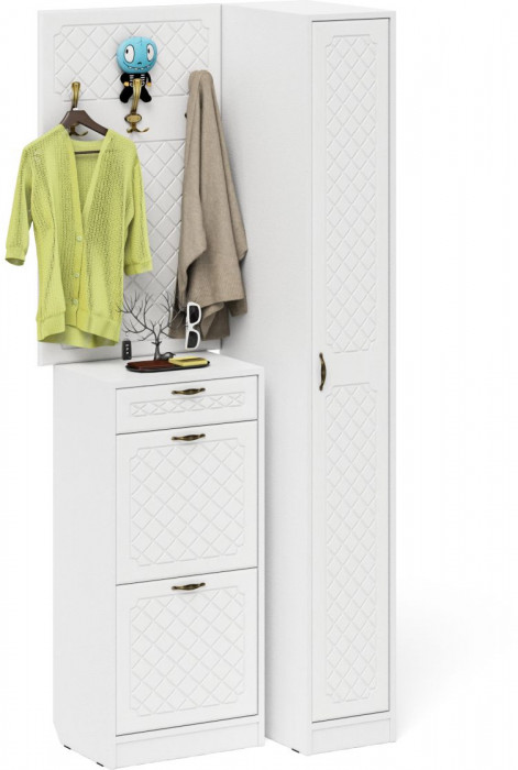 Прихожая П-6 Компоновка № 44, цвет белая шагрень/фасады МДФ белое дерево фрезеровка ромб, ШхГхВ 90х50х220 см., универсальная сборка