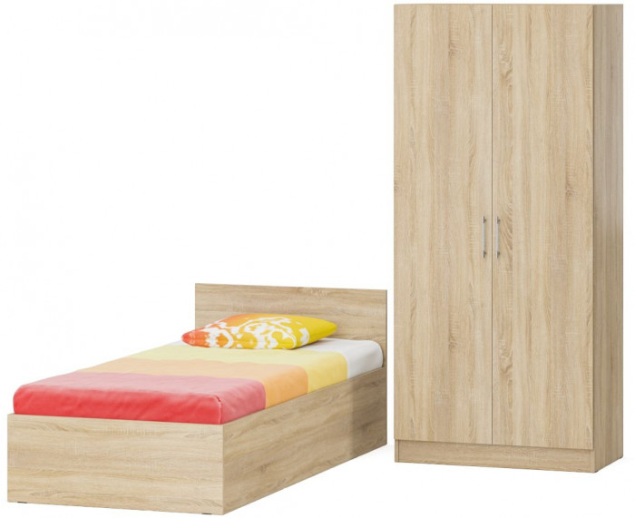 Кровать 0900 + Шкаф 2-х створчатый Стандарт, цвет дуб сонома, ШхГхВ 93,5х203,5х70 + 90х52х200 см., сп.м. 900х2000 мм., без матраса, основание есть