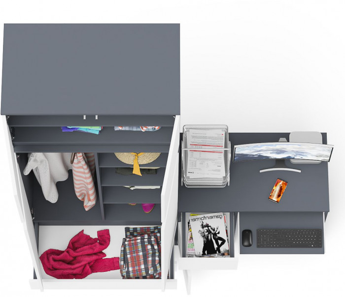 Мори Стол компьютерный МС-1 левый + Шкаф МШ900.1 + Антресоль МА900.1, цвет графит/белый, ШхГхВ 180,4х50,4х234,2 см., выдвижной ящик слева, НЕ ун. сб.