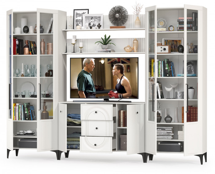 Валенсия Гостиная № 103, цвет ЛДСП белый шагрень/МДФ белый шагрень, ШхГхВ 301,4х38,4х225,2 см., ниша для ТВ 133х38х90 см.