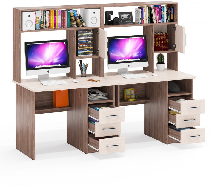 Стол компьютерный С-МД-СК9+Стол компьютерный С-МД-СК9, цвет ясень шимо светлый/ясень шимо тёмный, ШхГхВ 204х70х160 см., НЕ универсальная сборка