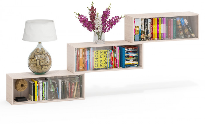 Три полки книжных С-МД-КН01, цвет ясень шимо светлый, размер каждой полки в отдельности: ШхГхВ 83х25х30 см., стеклянные дверцы