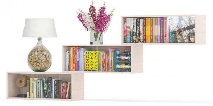 Три полки книжных С-МД-КН01, цвет ясень шимо светлый, размер каждой полки в отдельности: ШхГхВ 83х25х30 см., стеклянные дверцы