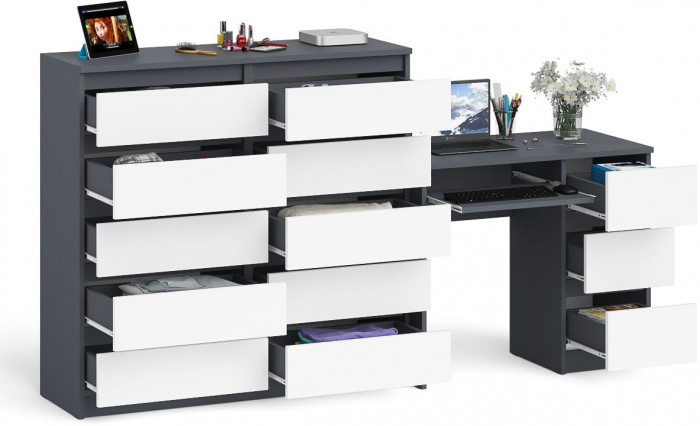 Мори компьютерный стол МС-6 правый + Комод МК1200.10, графит/белый