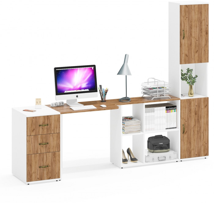 Лидер-8 Стол + Тумба МД 3.16 + Пенал, цвет белый шагрень/крафт золото, ШхГхВ 245х50/30х75/190 см. или 115х50/160х75/190 см., НЕ универсальная сборка