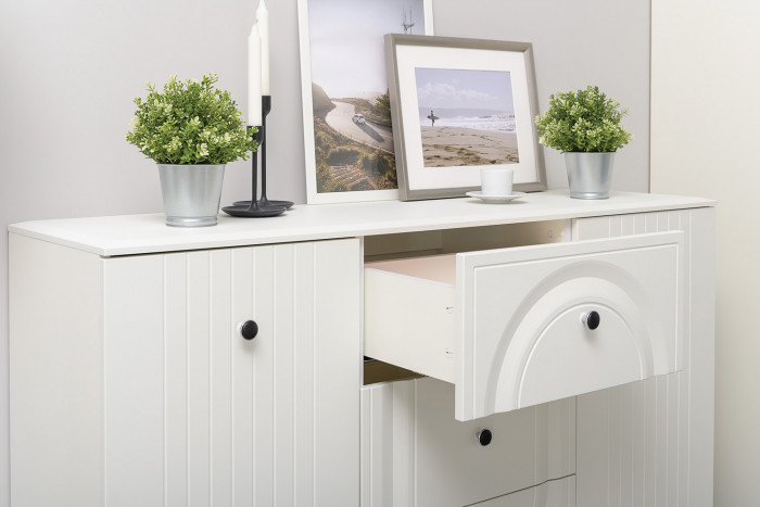 Валенсия Гостиная № 104, цвет ЛДСП белый шагрень/МДФ белый шагрень, ШхГхВ 327,3х38,4х225,2 см., ниша для ТВ 133х38х100 см., универсальная сборка