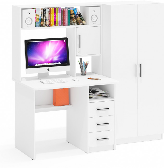Стол компьютерный С-МД-СК9+Шкаф С-МД-СК9Ш, цвет белый шагрень, ШхГхВ 172х70х160 см., НЕ универсальная сборка