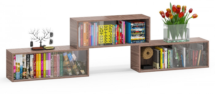 Три полки книжных С-МД-КН01, цвет ясень шимо тёмный, ШхГхВ размер каждой полки в отдельности: 83х25х30 см., стеклянные дверцы