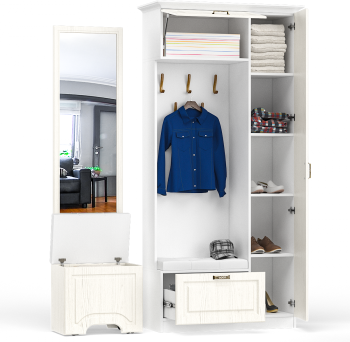 Ливерпуль Прихожая 13.21 + карниз 1000 + Зеркало 03.242 + Пуф 14.02, ясень ваниль/белый