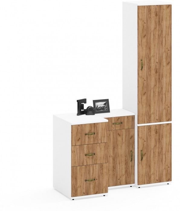 Лидер-8 Пенал МД 22Б + Тумба МД 3.15 + Тумба МД 3.16, белый шагрень/крафт золото