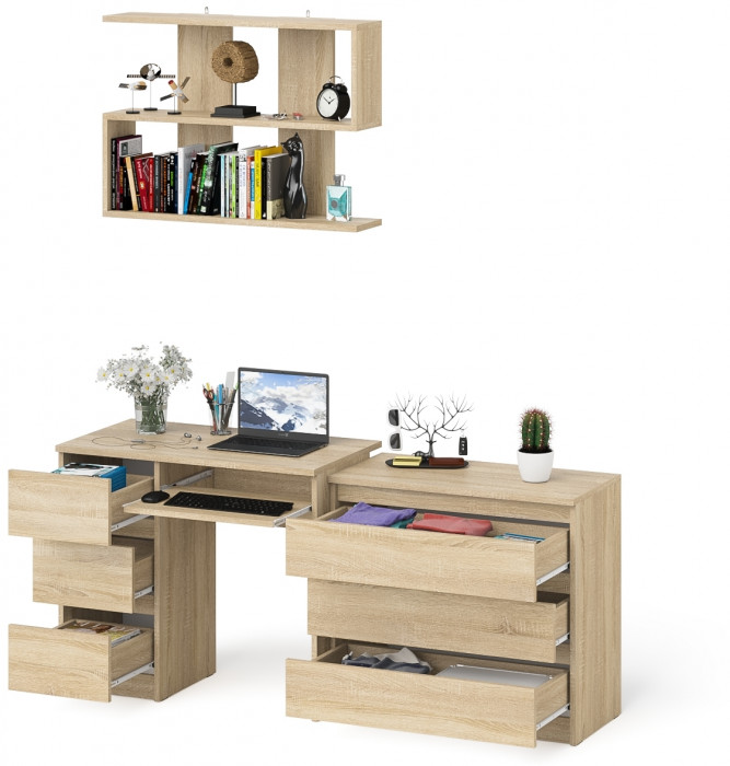 Мори компьютерный стол МС-6 левый + Комод МК800.1 + Полка 900, дуб сонома