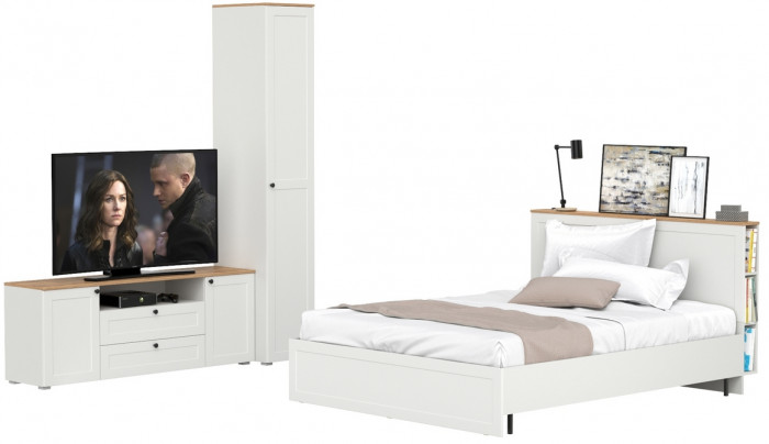 Остин 11.53 Кровать + ортопед + 13.225 Шкаф-пенал + 16.47 Тумба под ТВ, белый шагрень/дуб крафт золотой