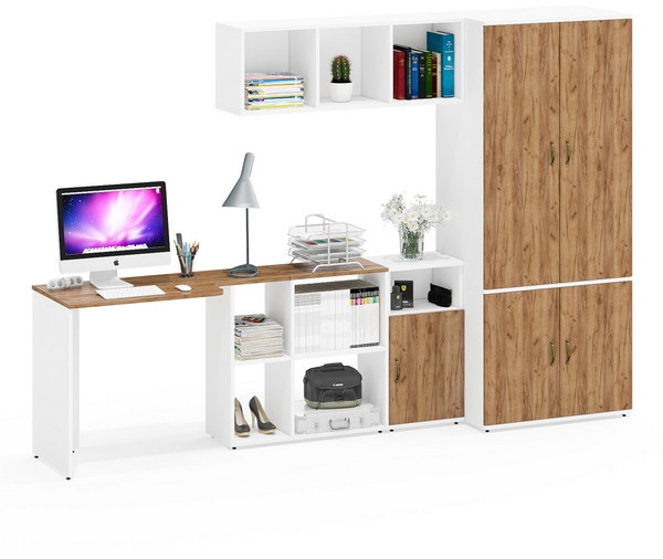 Лидер-8 Стол + Полка + Тумба МД 3.19 + Шкаф МД 19Б, цвет белый шагрень/крафт золото, ШхГхВ 285х50/50х75/190 или 200х115/50х75/190 см., НЕ ун. сб.