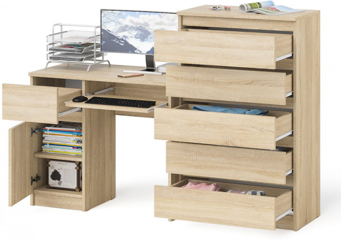 Мори Стол компьютерный МС-1 левый + Комод МК700.5, цвет дуб сонома, ШхГхВ 160,4х50х114 см., выдвижной ящик слева, НЕ универсальная сборка