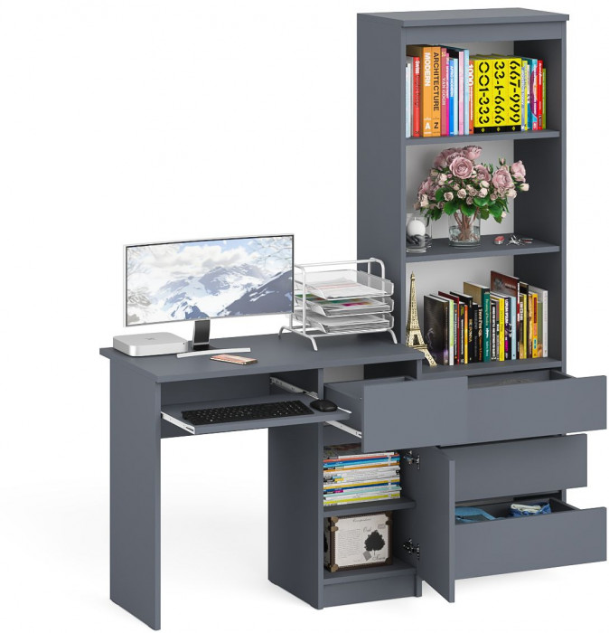 Мори Стол компьютерный МС-1 правый + Стеллаж МСТ600.3, цвет графит, ШхГхВ 150,4х50х179,6 см., выдвижной ящик справа, НЕ универсальная сборка