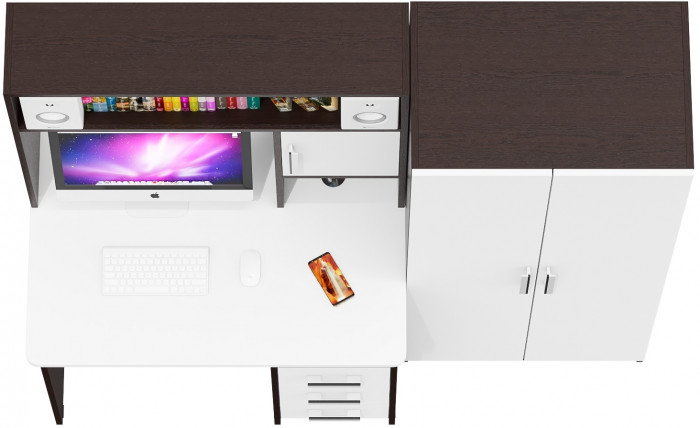 Стол компьютерный С-МД-СК9+Шкаф С-МД-СК9Ш, цвет венге/белый шагрень, ШхГхВ 172х70х160 см., НЕ универсальная сборка