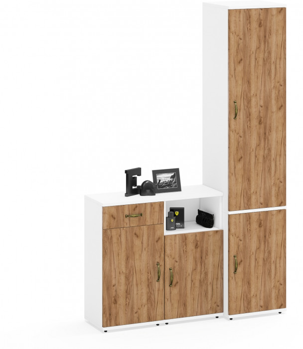 Лидер-8 Пенал МД 22Б + Тумба МД 3.15 + Тумба МД 3.19, белый шагрень/крафт золото