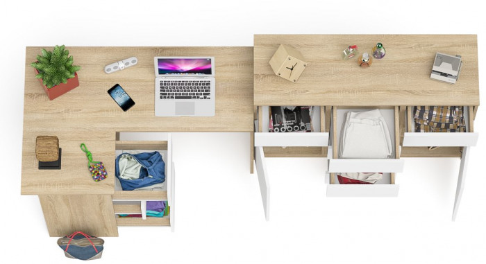 Мори компьютерный стол МС-16 левый + Комод МК1200.4, дуб сонома/белый