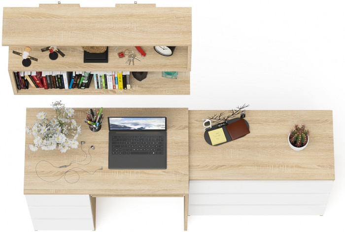 Мори компьютерный стол МС-6 левый + Комод МК800.1 + Полка 900, дуб сонома/белый