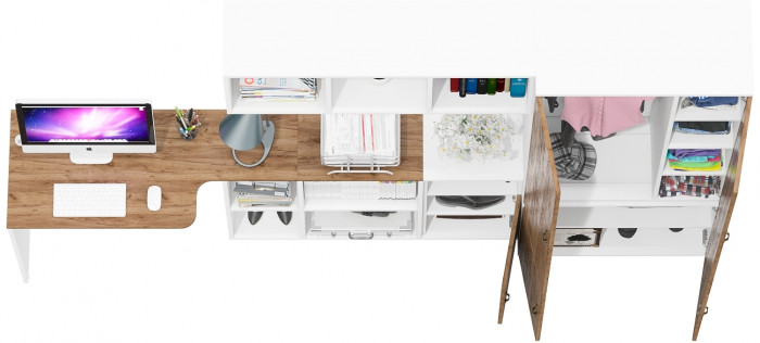 Лидер-8 Стол + Полка + Тумба МД 3.19 + Шкаф МД 20Б, цвет белый шагрень/крафт золото, ШхГхВ 285х50/37,5х75/190 или 115х200/50х75/190 см., НЕ ун. сб.