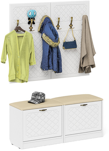 Прихожая П-6 Компоновка № 01, белая шагрень/фасады МДФ белое дерево фрезеровка ромб