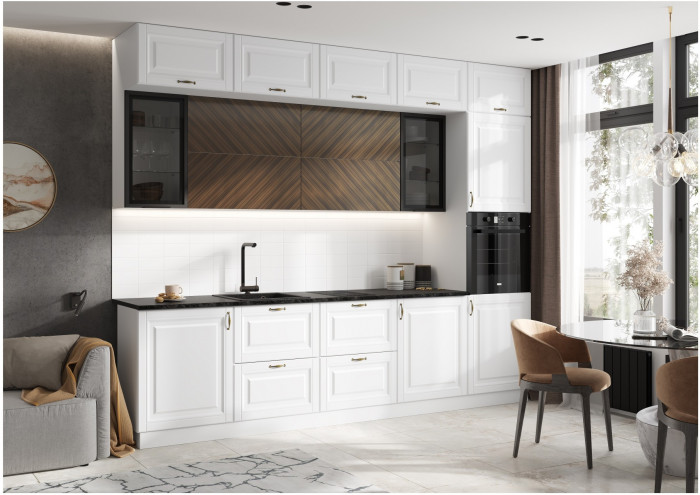 Кухня Престиж 3,0м Компановка №2 Белый/Браш Вайт/Прайм орех