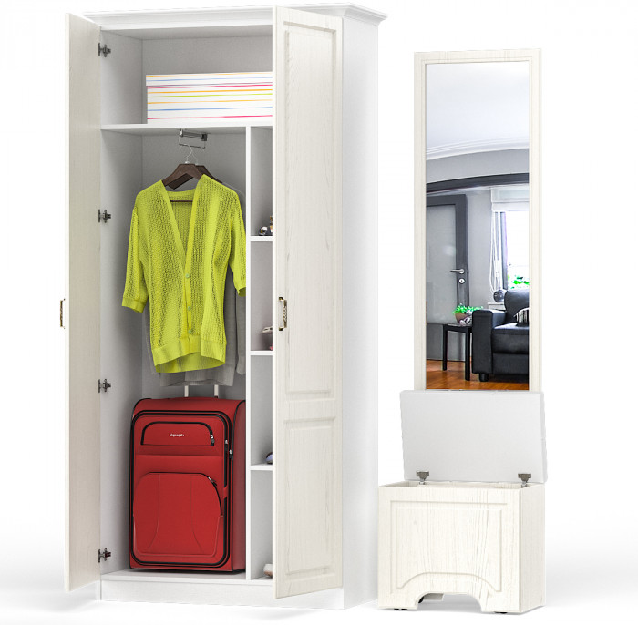 Ливерпуль Пуф 14.02 + Зеркало 03.242 + Шкаф для одежды + карниз 1000, ясень ваниль/белый