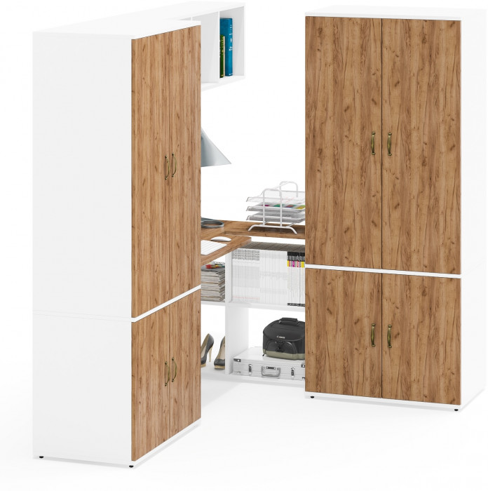 Лидер-8 Стол + Полка + Шкаф МД 19Б + Шкаф МД 19Б, цвет белый шагрень/крафт золото, ШхГхВ 325х50х75/190 или 240х115/50х75/190 см., НЕ ун. сборка