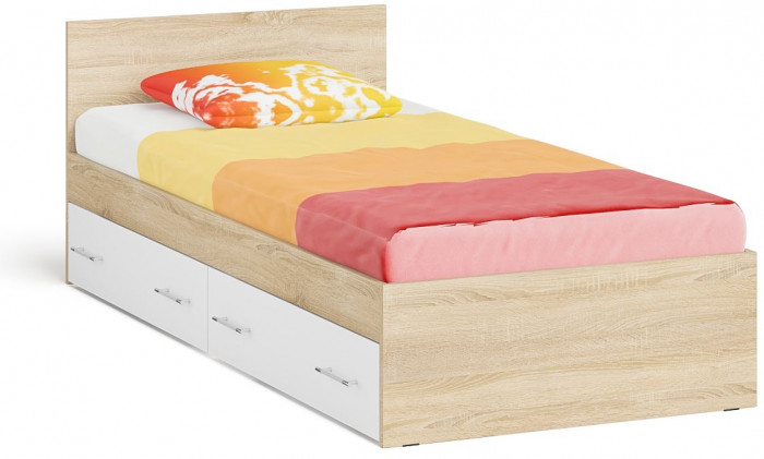 Мори Кровать с ящиками 0900, цвет дуб сонома/белый, ШхГхВ 93,5х203,5х70 см., сп.м. 900х2000 мм., без матраса, основание есть